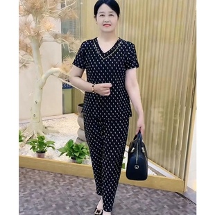 媽媽短袖 中老年套裝 夏女高端氣質(zhì)遮肉時尚 高檔兩件套時尚 2024新款