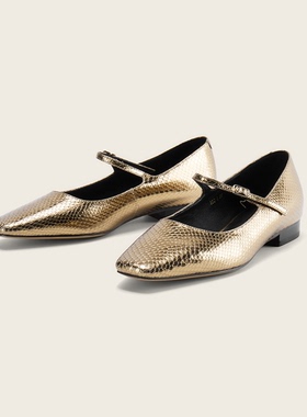 PESCA女鞋春夏新款单鞋平底鞋蛇鳞纹设计进口牛皮日常穿搭舒适