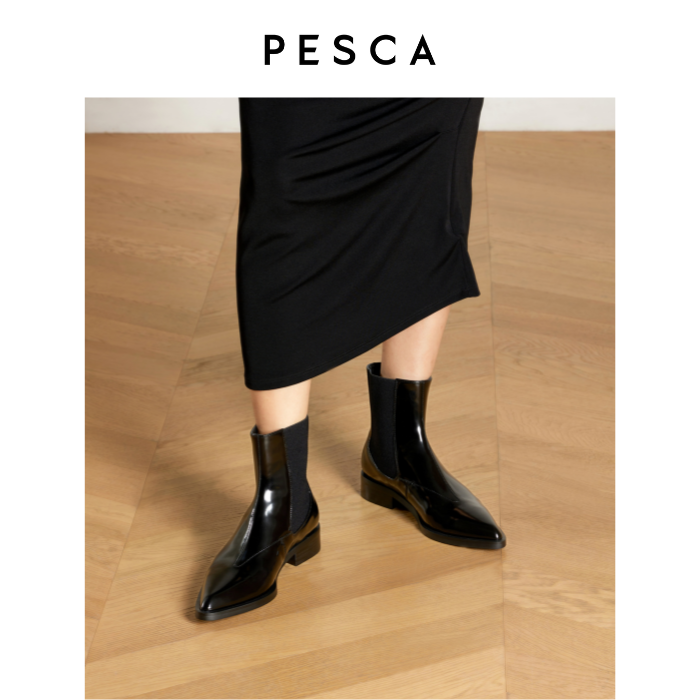 PESCA/Tye 真皮女靴秋冬新款平跟尖头短靴漆皮不规则独特切尔西靴
