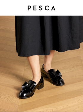 PESCA/Lyn 英伦风百搭小皮鞋女漆皮低跟单鞋一脚蹬仙蝴蝶结乐福鞋