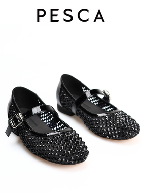 2025新款闪钻一字扣带平底单鞋玛丽珍鞋时尚网眼透气女鞋芭蕾舞鞋