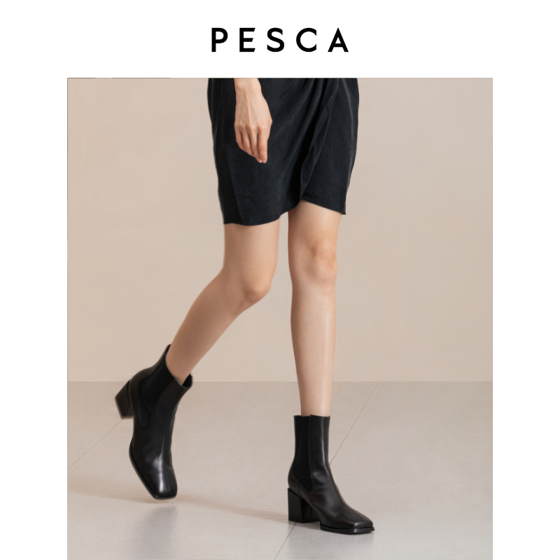 时尚短靴切尔西粗跟真皮牛皮