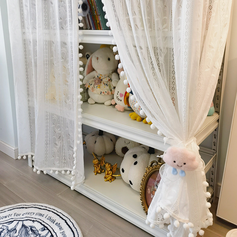 毛绒云彩球球花边蕾丝窗帘开放式橱柜遮挡帘防尘帘书架帘遮灰帘