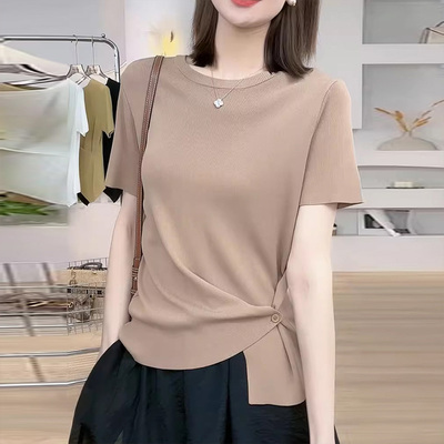 欧货斜扣正肩冰丝短袖t恤女装