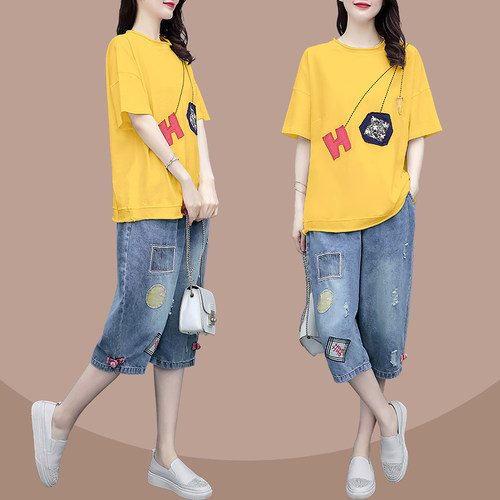 休闲牛仔裤气质显瘦套装女潮