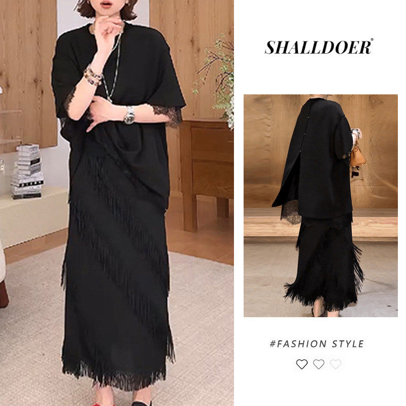 2026夏季新款女士时尚套装设计感蕾丝拼接开叉上衣半身裙两件套潮