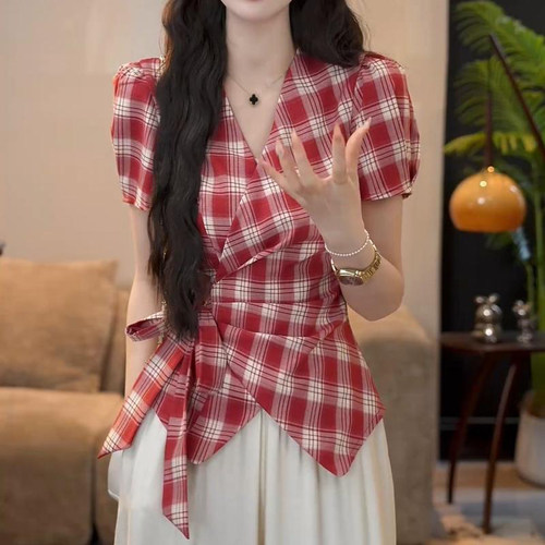 港风复古V领格子系带短袖衬衫女