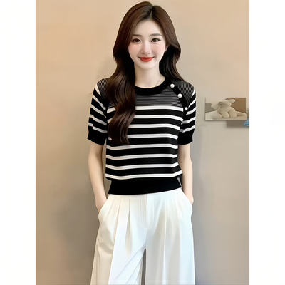 大码气质减龄条纹短袖针织衫女