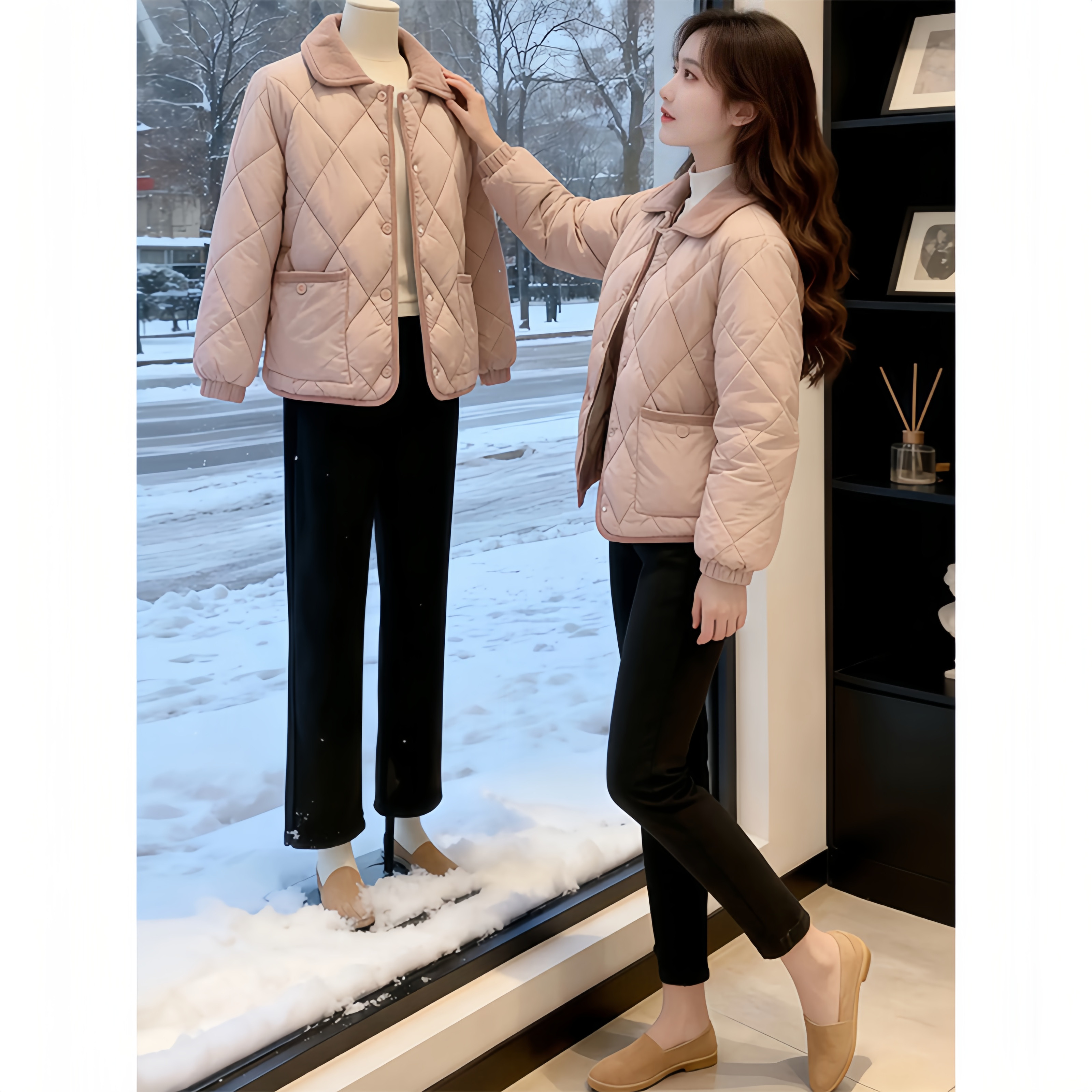 韩版小香风轻薄菱格棉服女士2026秋冬新款时尚洋气棉袄面包服外套