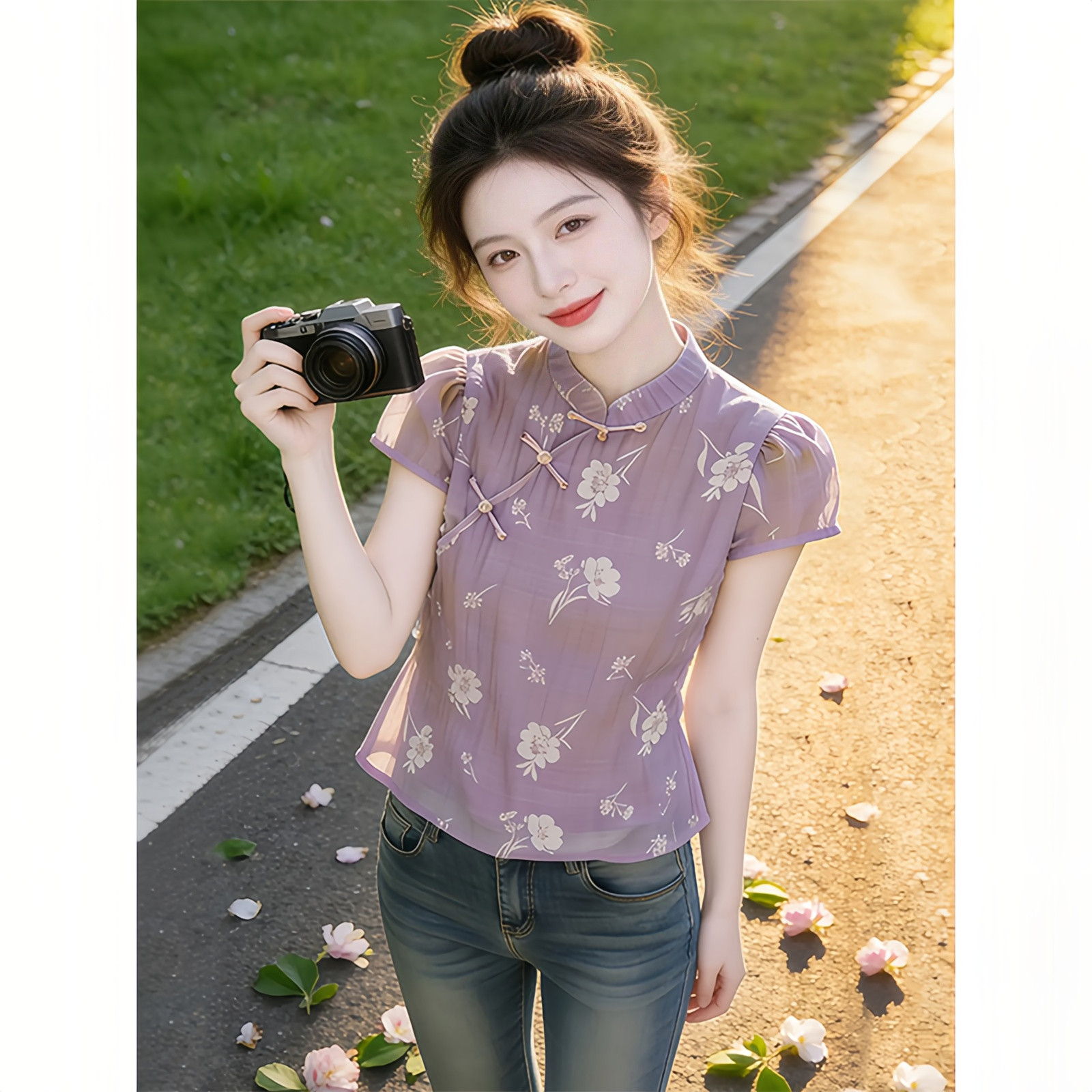 紫色新中式盘扣印花短袖衬衫女夏款国风旗袍领小上衣遮肚子雪纺衫