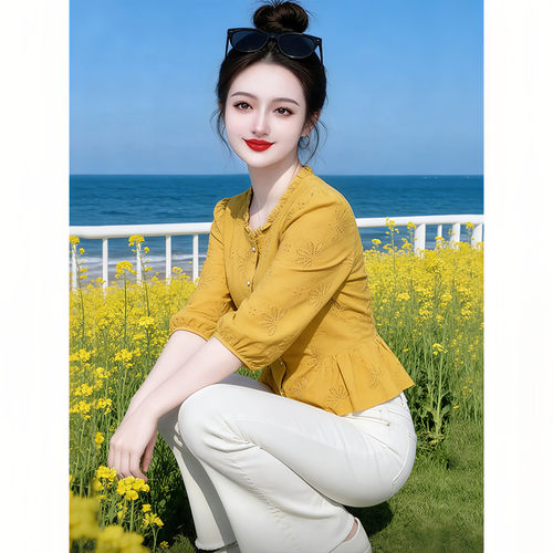 新中式国风镂空七分袖衬衫女