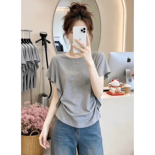 正肩荷叶边短袖T恤女2026新款