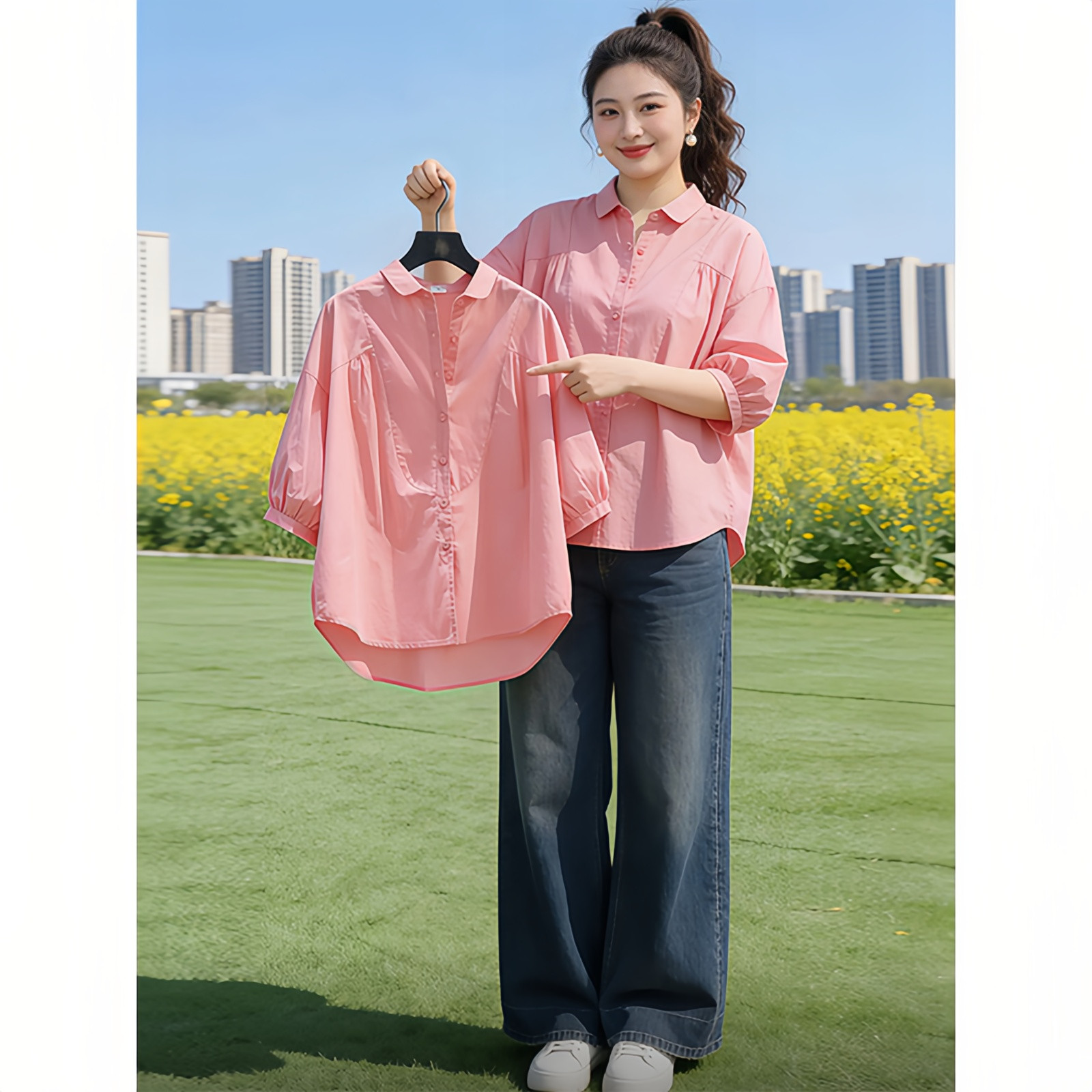 休闲慵懒风粉色灯笼袖衬衫女夏季新款七分袖宽松百搭显瘦大码上衣