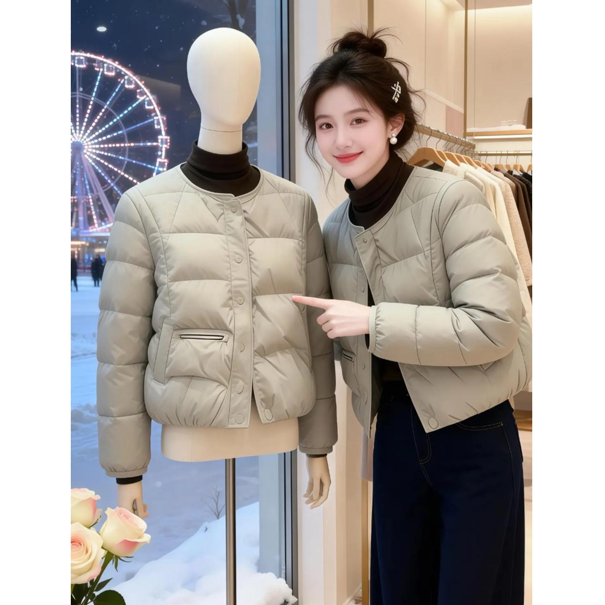 欧货轻薄简约时尚短款棉服女士2026冬季新款韩版圆领保暖棉衣外套