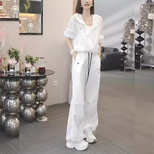 2026夏季新款女士白色休闲运动服套装宽松薄款防晒衣工装裤两件套