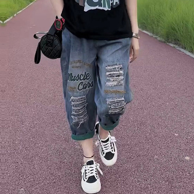 大码哈伦牛仔裤女2026夏季新款高腰宽松显瘦复古刺绣破洞七分裤子