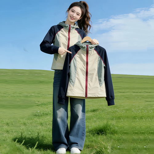 女士拼色连帽休闲短外套