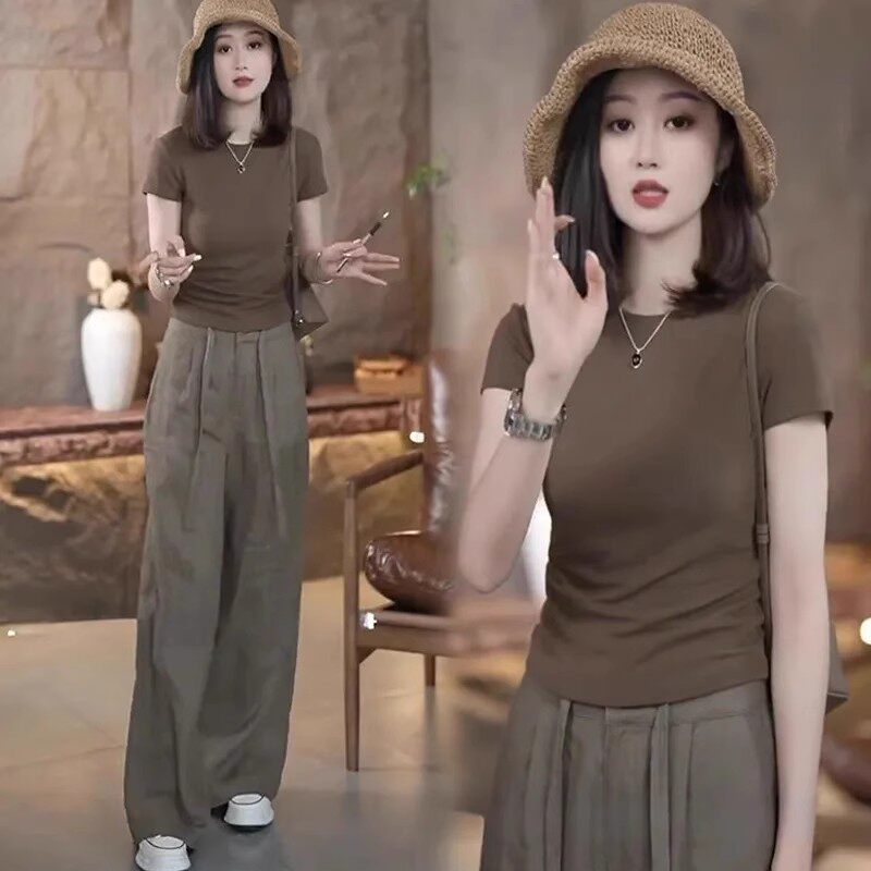 休闲运动服套装女士2026夏季新款时尚小个子洋气短袖阔腿裤两件套