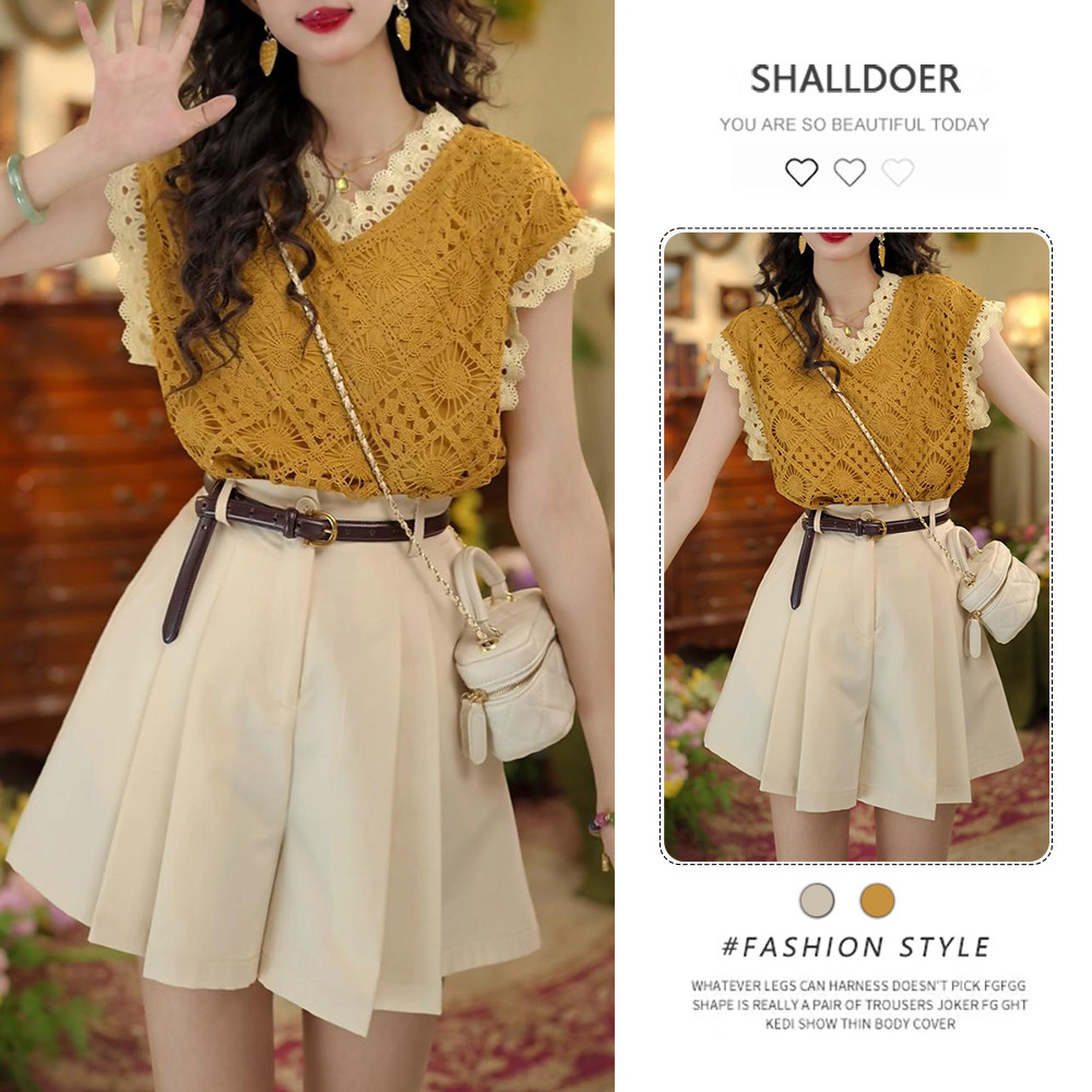 独特绝美漂亮小套装女2026夏时尚V领镂空花边衬衫高腰短裤两件套