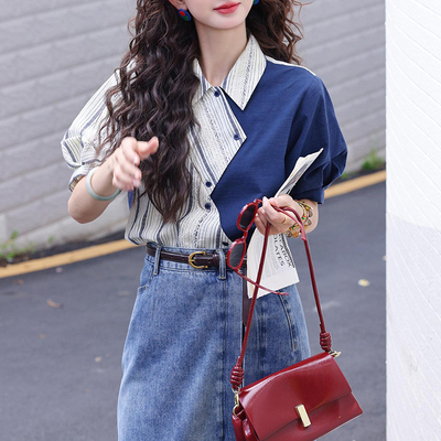 不规则拼接条纹翻领短袖衬衫女