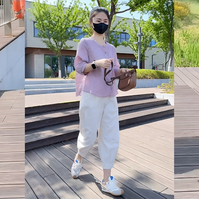 紫色衬衫休闲裤小个子显瘦两件套