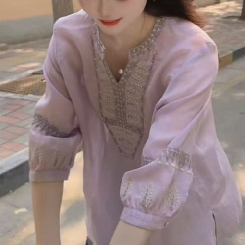 复古民族风苎麻衬衫套装女士