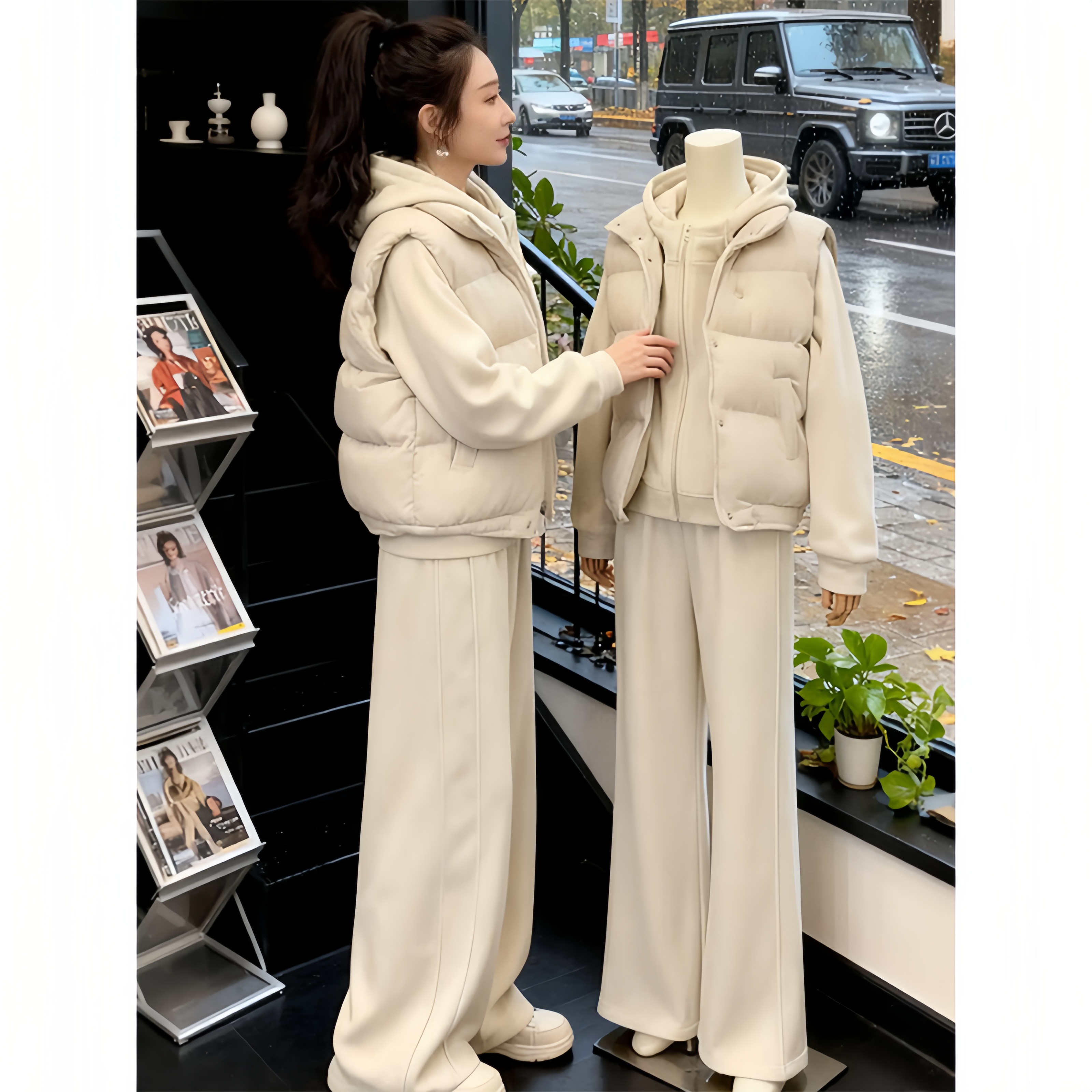 休闲运动三件套女秋冬新款连帽拉链卫衣保暖棉服马甲直筒长裤套装