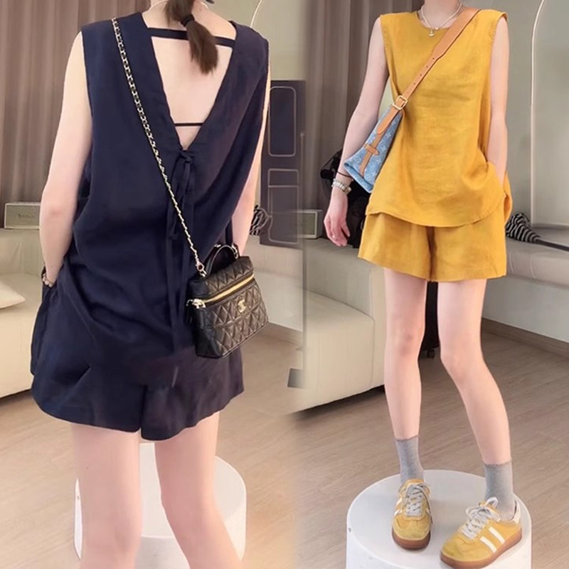 韩版时尚套装搭配一整套后背镂空无袖上衣+短裤休闲两件套女夏潮