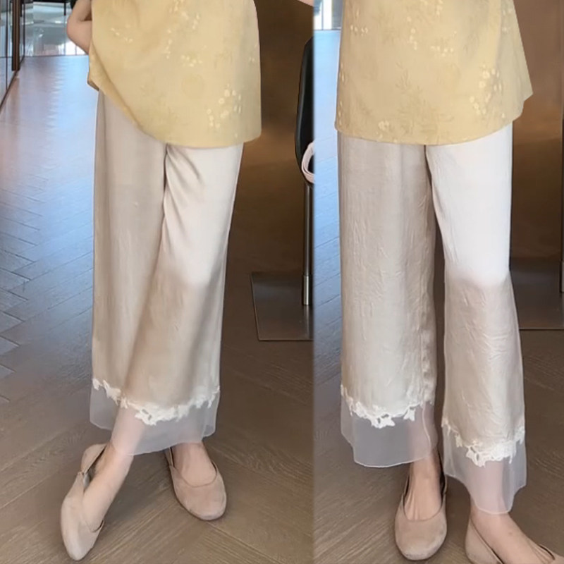 新中式暗纹白色醋酸裤女2026夏季新款网纱拼接设计气质直筒九分裤