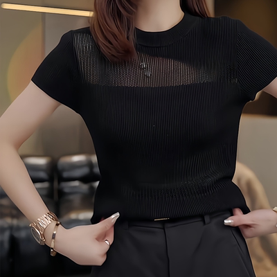 黑色镂空针织正肩修身短袖T恤女