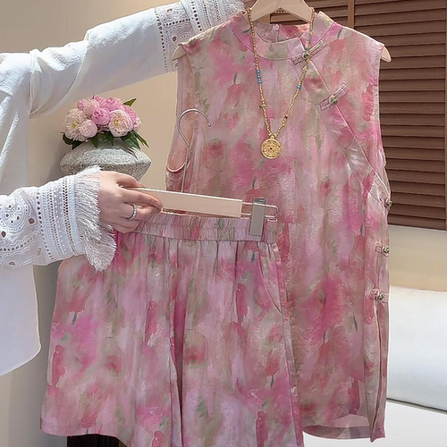 新中式国风高级感粉色马甲套装女