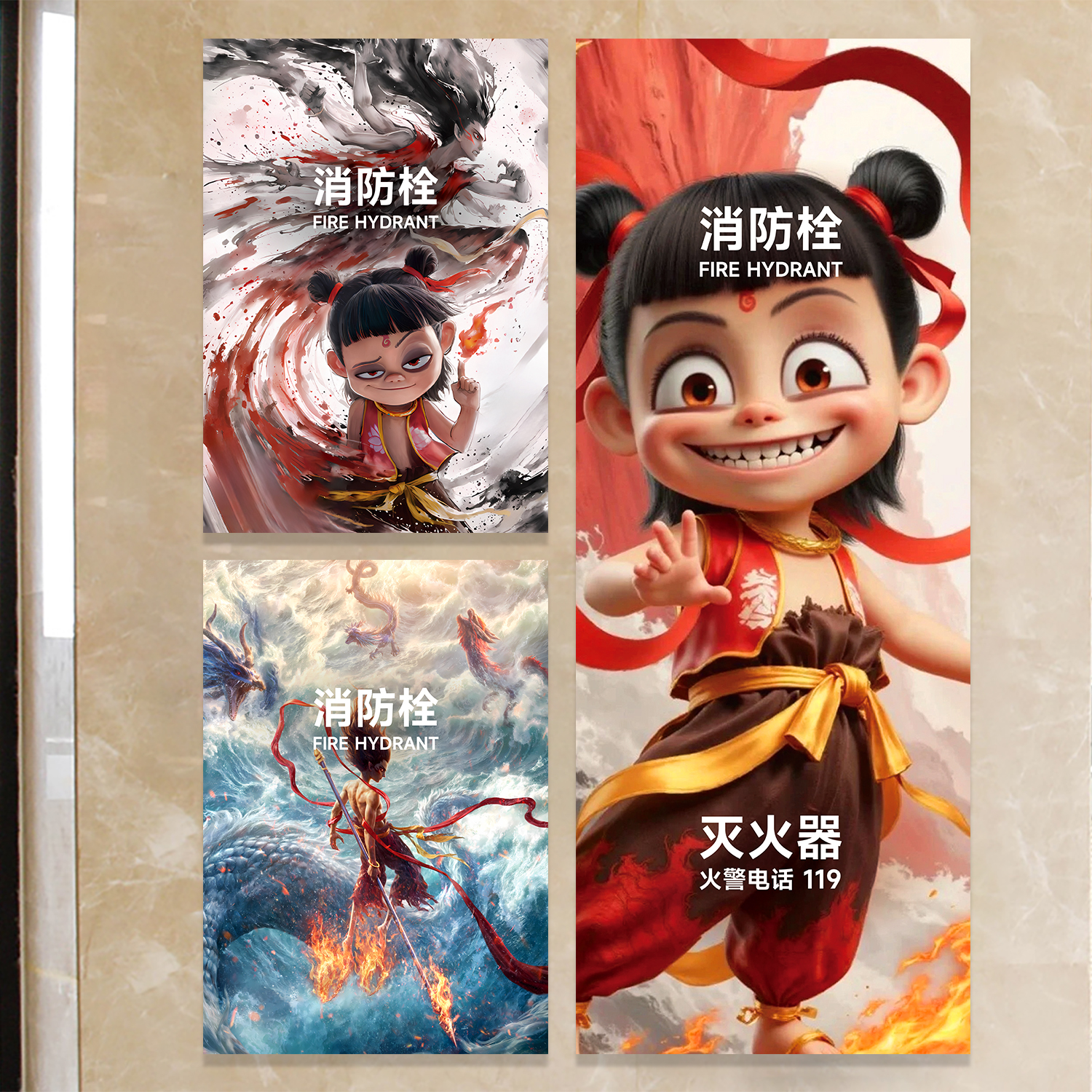 哪吒消防栓贴纸美化装饰标识贴画