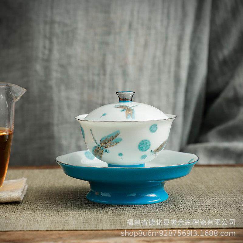 小清新夏日蜻蜓三才盖碗小碗茶盖碗陶瓷茶具家用白瓷手绘盖碗