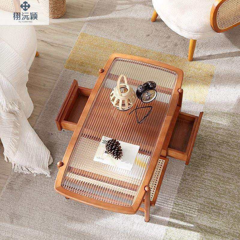 日式纯实木茶几虹玻璃茶桌藤编双层小户型现代客厅家用白蜡木矮桌