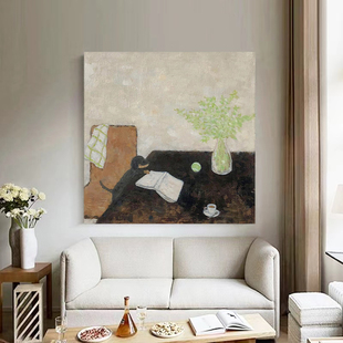 饰画客厅玄关挂画手工 卧室侘寂风装 HW.ART纯手绘油画 淘气小狗