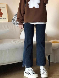 拉夏贝尔梨形身材微喇牛仔裤女春秋大码胖mm显瘦弹力九分直筒裤子