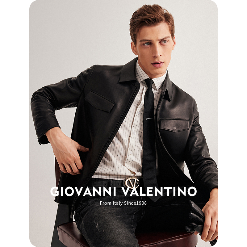 GIOVANNI VALENTINO男士真皮皮衣外套春季新款黑色休闲羊皮夹克