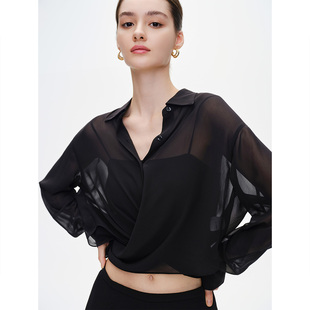 衬衫 GIOVANNI 长袖 薄款 女士气质感黑色透明翻领上衣 VALENTINO夏季