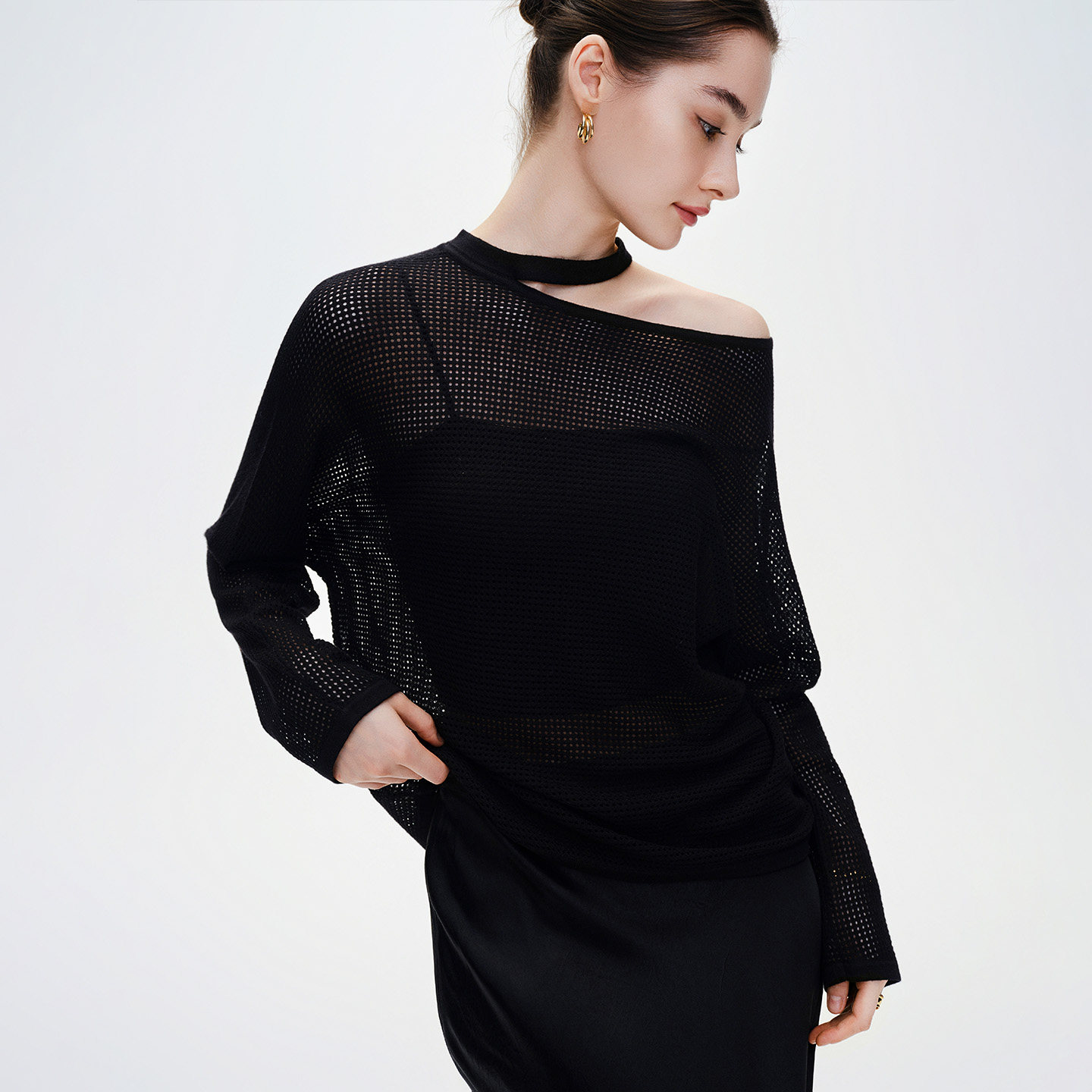 GIOVANNI VALENTIN春夏季女士镂空毛针织衫宽松露肩长袖套头罩衫