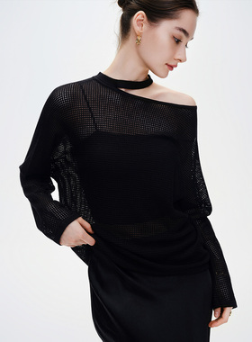 GIOVANNI VALENTIN春夏季女士镂空毛针织衫宽松露肩长袖套头罩衫