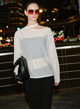 GIOVANNI VALENTIN春夏季女士镂空毛针织衫宽松露肩长袖套头罩衫