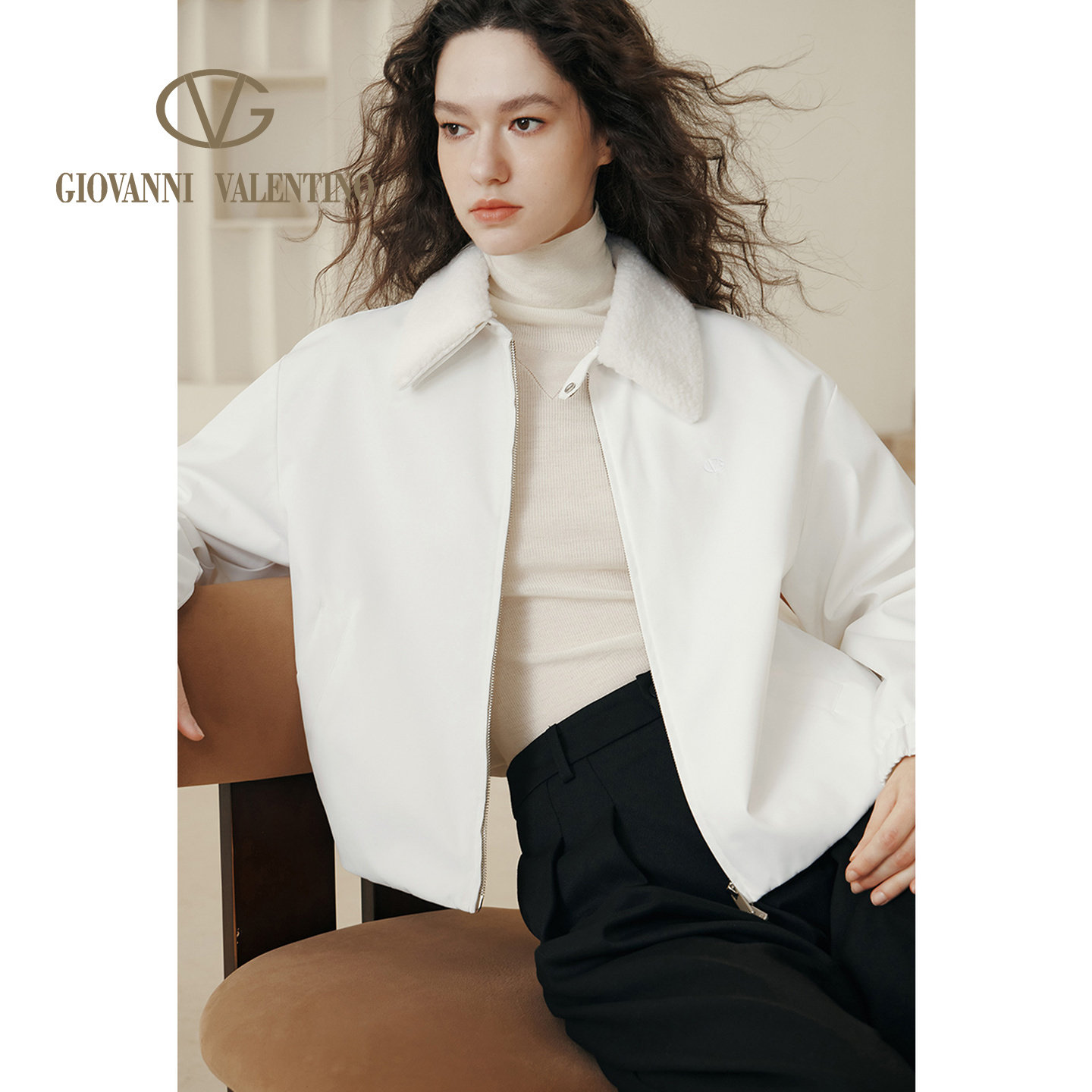 GIOVANNI VALENTINO秋冬季女士休闲宽松百搭翻领长袖拉链短外套