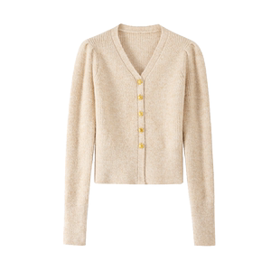 BANANA CICI2025年春季新款复古V领泡泡袖新年红毛衣精致针织开衫