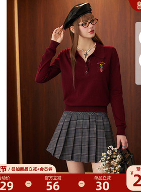 BANANA CICI2024年冬原创BC艺术家刺绣安可拉红POLO领针织衫