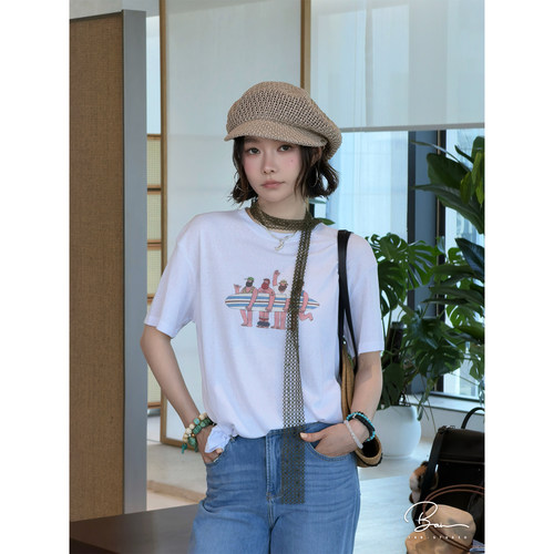 佟小白TXB“浪迹海岸线‘夏季帆船白色印花T恤女薄款宽松上衣