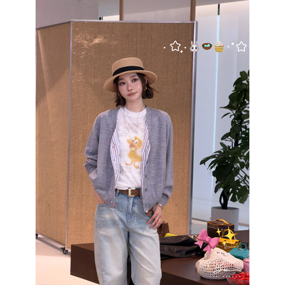 佟小白TXB 100羊毛Saca 针织v领条纹拼接纽扣开衫毛衣外套女