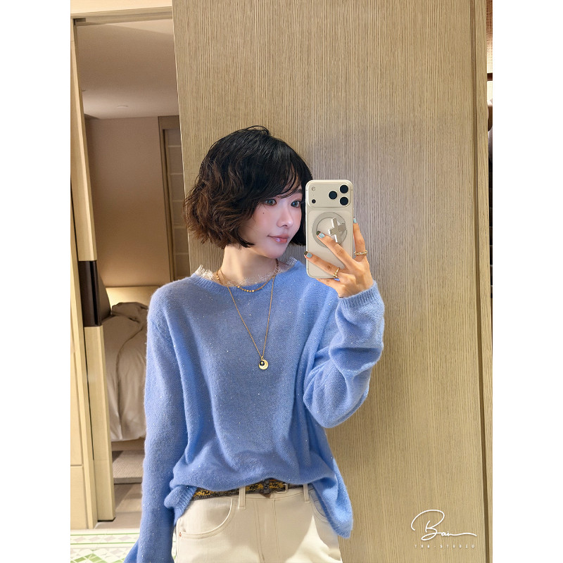 佟小白羊毛羊绒亮片蕾丝针织衫图片