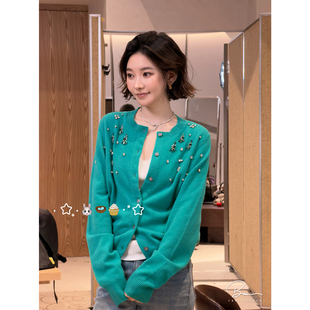 100绵羊毛手工水钻绿色圆领针织开衫 佟小白TXB 宝石蓝钻