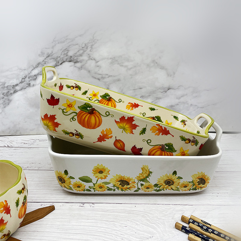 外贸出口尾单美式双耳长方烤盘陶瓷2500ml烤鱼烤鸡大容量水煮鱼盘