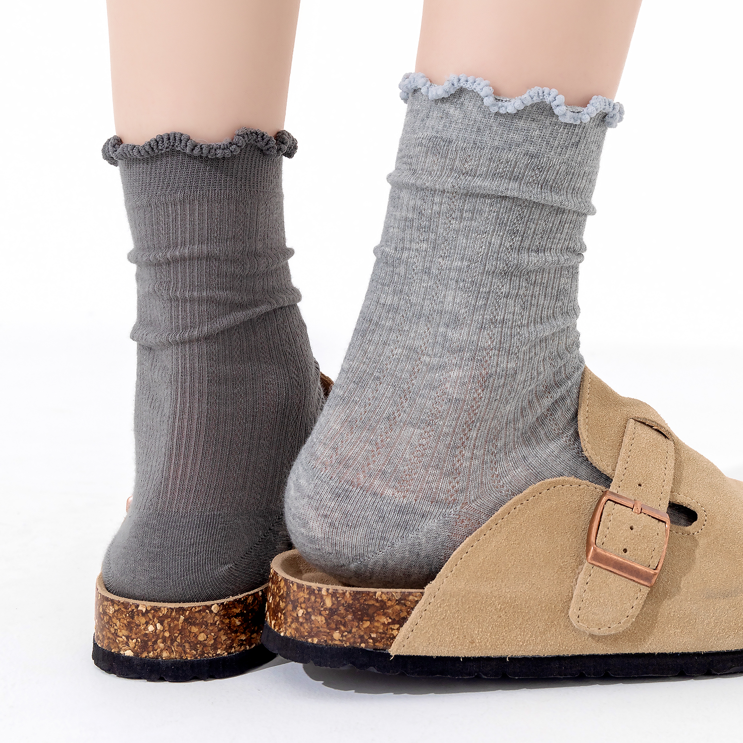 灰色木耳花边袜子女夏季网眼透气